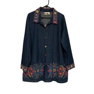 Vintage Main Street Blues Womens Shacket Shirt Top Size 1X Denim Embroidery